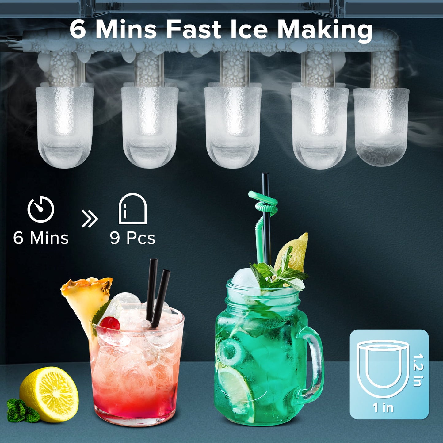 KISSAIR Ice Makers Countertop, Ice Machine with Handle, 26Lbs in 24Hrs, 9 Cubes Ready in 6 Mins, Self-Cleaning Portable Ice Maker, 2 Sizes of Bullet Ice Cubes-Green