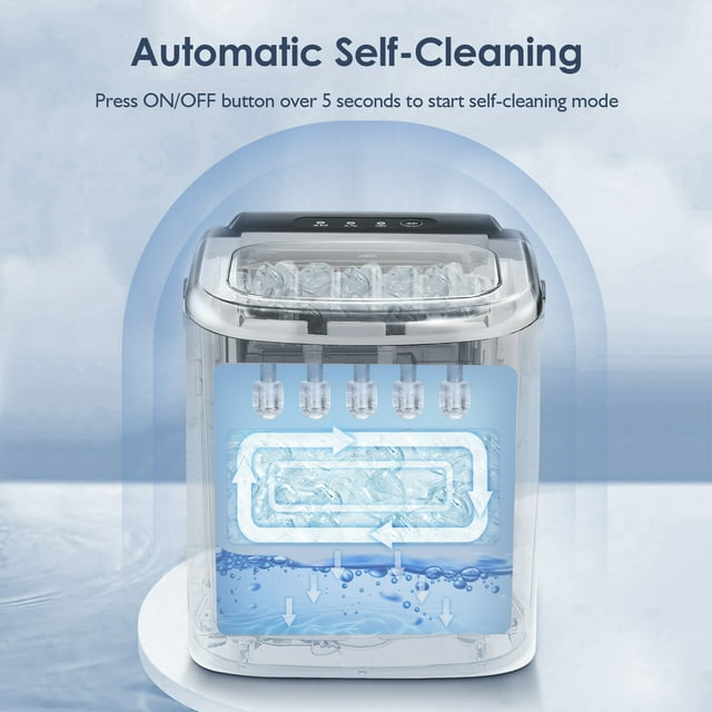 KISSAIR Portable Ice Maker Countertop, with Handle, 26Lbs/24H, 9Pcs/6Mins, One-Click Operation Ice Makers with Ice Scoop and Basket, Self-Cleaning, for Kitchen/Office/Bar/Party