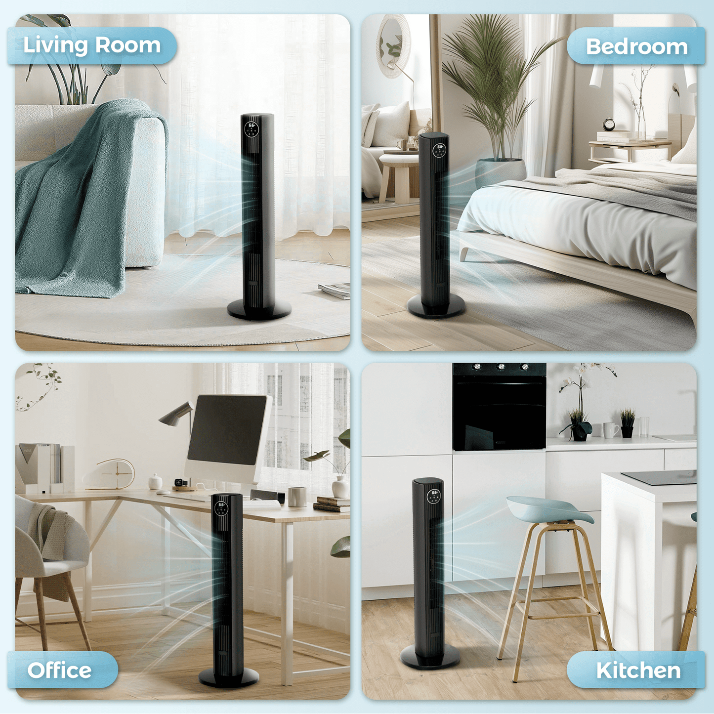 KISSAIR 35" Tower Fan for Home, 85° Oscillating Tower Fan, 4 Modes & 3 Speeds Standing Floor Fan with 12H Timer, Bladeless & Family-Safe Design with Remote Control, (Gray)