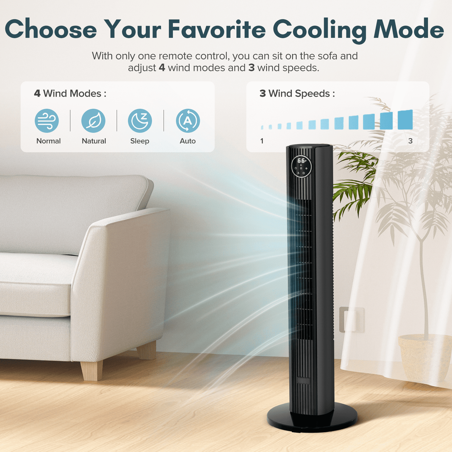 KISSAIR 35" Tower Fan for Home, 85° Oscillating Tower Fan, 4 Modes & 3 Speeds Standing Floor Fan with 12H Timer, Bladeless & Family-Safe Design with Remote Control, (Gray)