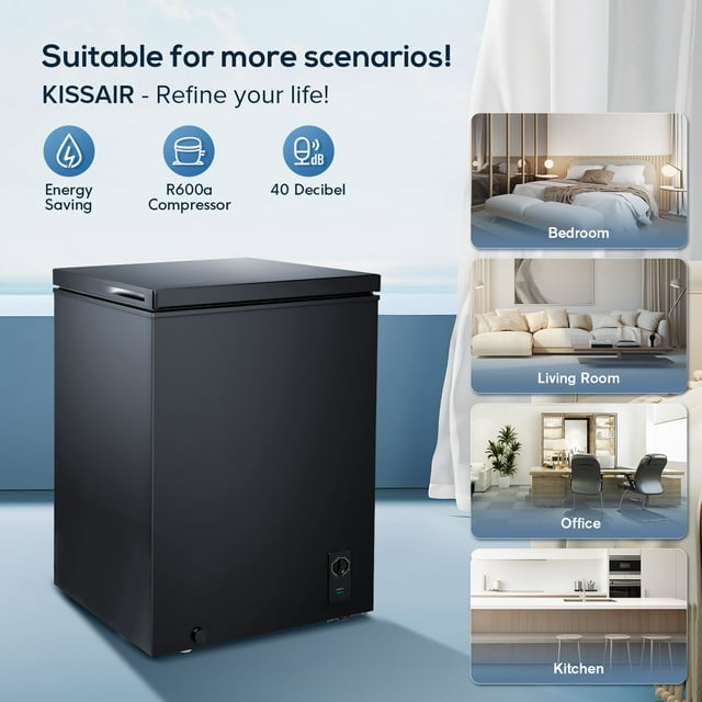 KISSAIR 3.4 Cubic Feet Chest Freezer with Free Standing Top Open Door Compact Freezer with Adjustable Temperature , Black