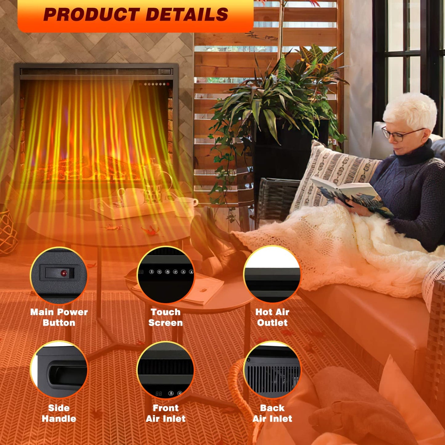 KISSAIR Electric Fireplace Insert, 39 inch Insert Electric Heater with Touch Screen, Colorful Flame & Timer Control, 750W-1500W and Classic Black