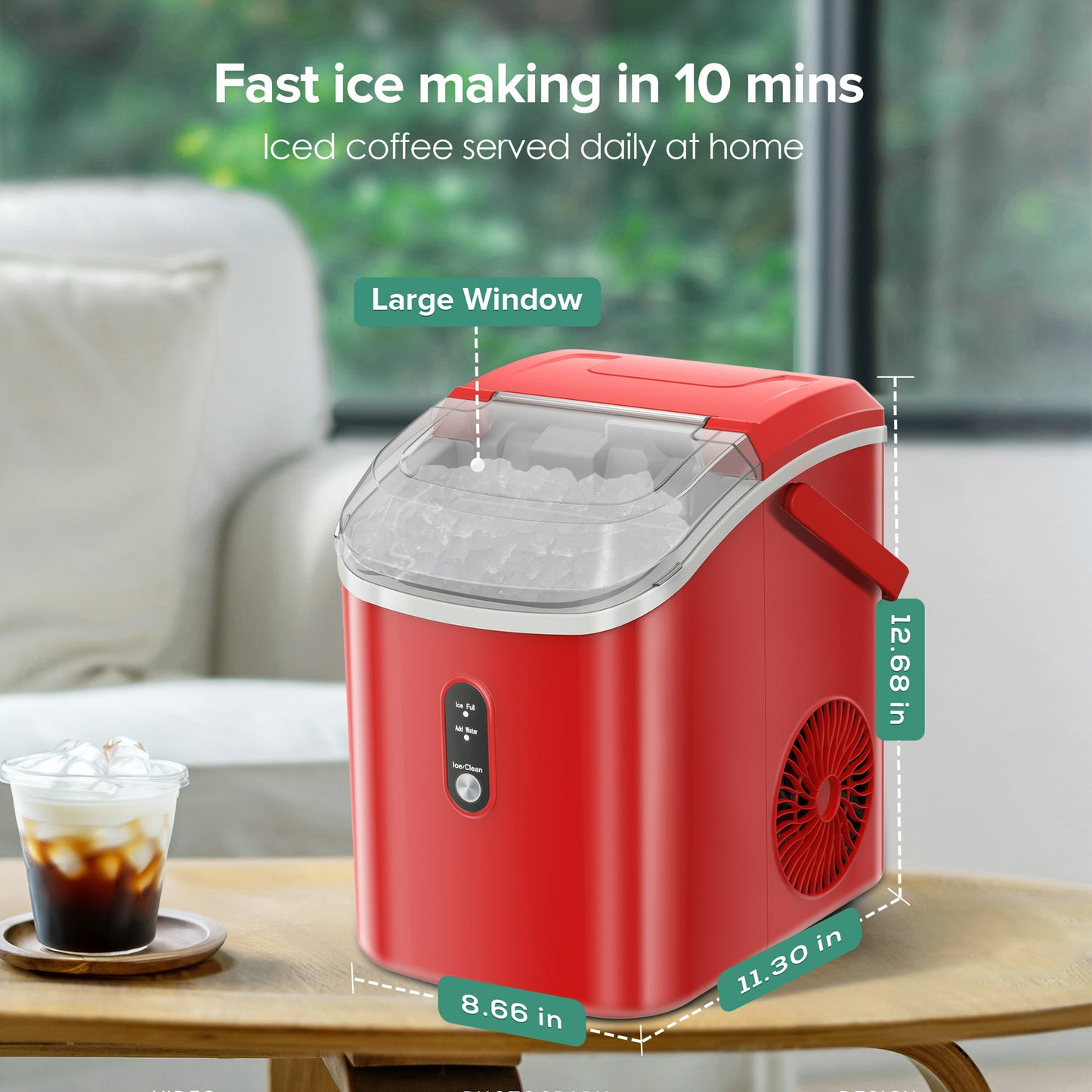 KISSAIR Nugget Ice Maker Countertop with Soft Chewable Pellet Ice, Portable Ice Machine with Handle, 34lbs/24H, One-Click Operation for Home/Party (Red)