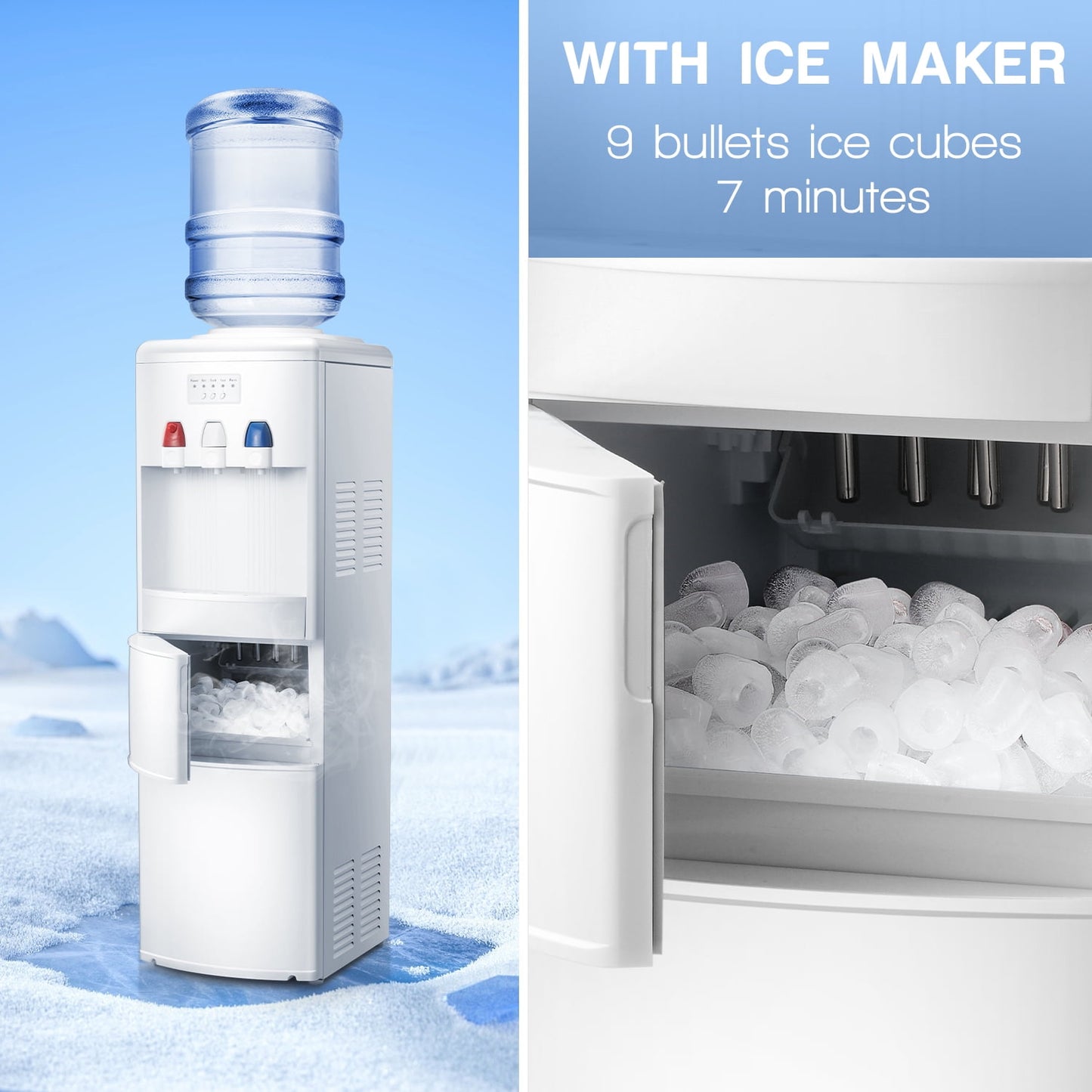 LHRIVER 5 Gallon Water Cooler Dispenser with Built-in Ice Maker, Top Loading Water Dispenser 3 in 1 Hot/Cold/Room Temperature, Child Lock, White