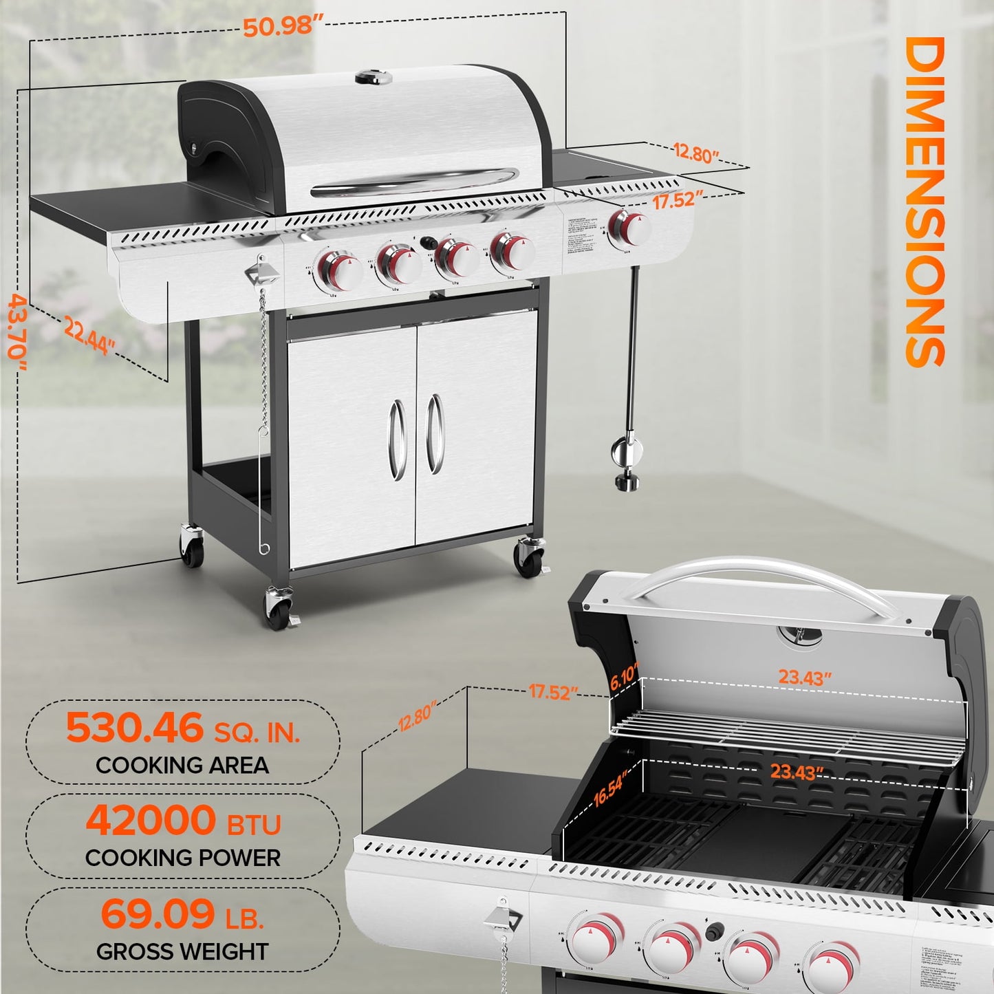 LHRIVER 4 Burner Stainless Steel Propane Gas Grill with Side Burner, Portable Outdoor Barbecue Cooking BBQ, 42,000 BTU