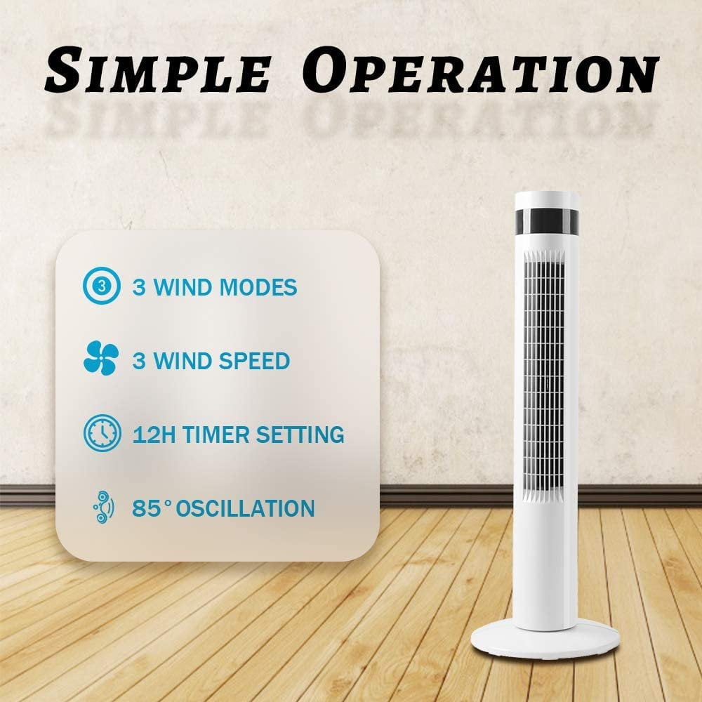 KISSAIR Tower Fan Portable Floor Fans 85°Oscillating Fan 12H Timer Remote Control Standing Bladeless Electric 3 Speeds Wind 3 Modes Bedroom Office(35 inch, White)
