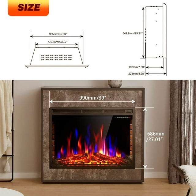 KISSAIR Electric Fireplace Insert, 39 inch Insert Electric Heater with Touch Screen, Colorful Flame & Timer Control, 750W-1500W and Classic Black