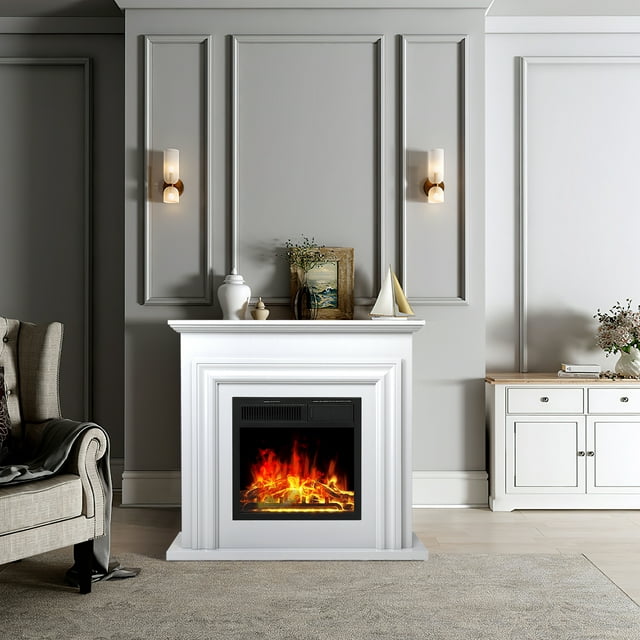 KISSAIR 36" Freestanding Electric Fireplace with Wood, Remote Control, For Rooms up to 400 Sq.Ft. Adjustable LED Flame & 2 Heating Settings, -White