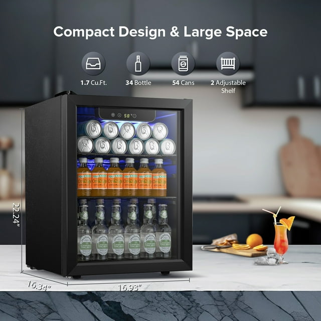 KISSAIR 1.7 Cu.ft Beverage Refrigerator Cooler - 34 Bottle & 54 Can Mini Fridge, Wine Cooler, Mini Drink Cooler Dispenser with Transparent Glass Door for Soda, Beer, Wine, Suitable for Home/Bar/Office