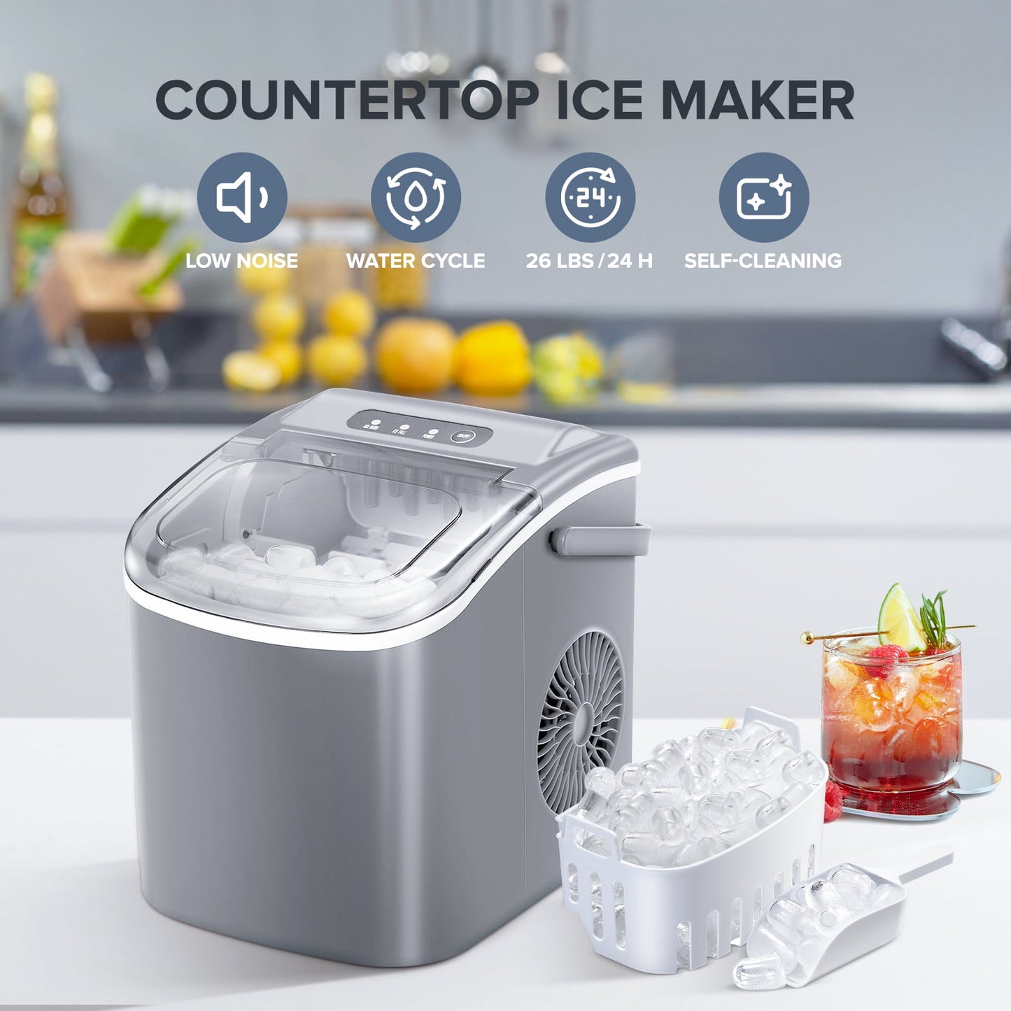 KISSAIR Countertop Ice Maker Portable Ice Machine with Handle, Self-Cleaning Ice Makers, 26Lbs/24H, 9 Ice Cubes Ready in 6 Mins for Home Kitchen Bar Party Gray