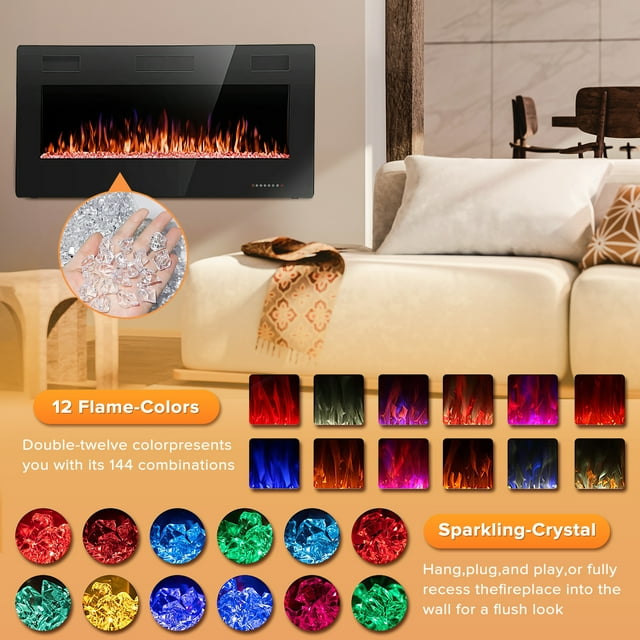KISSAIR 36’’ 1500W Wall Mounted Recessed Electric Fireplace,12 Flame Color Modes,Touch Screen & Remote Control,Ultra Thin & Low Noise
