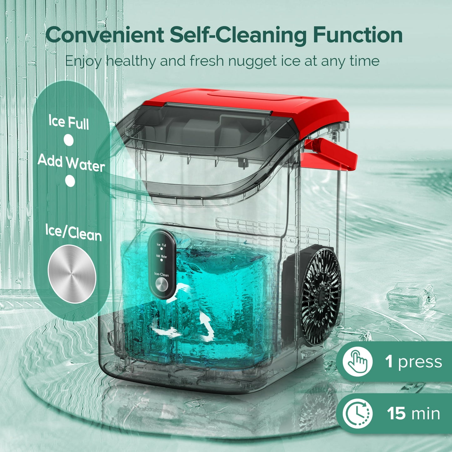 KISSAIR Nugget Ice Maker Countertop with Soft Chewable Pellet Ice, Portable Ice Machine with Handle, 34lbs/24H, One-Click Operation for Home/Party (Red)