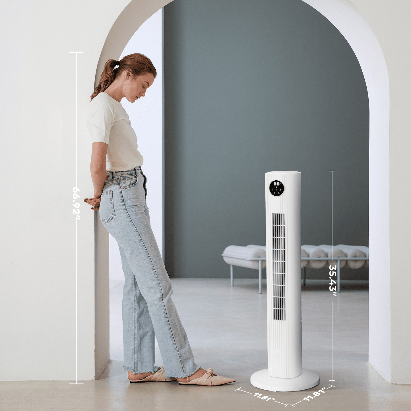 KISSAIR 35" Tower Fan for Home, 85° Oscillating Tower Fan, 4 Modes & 3 Speeds Standing Floor Fan with 12H Timer, Bladeless & Family-Safe Design with Remote Control, (White)