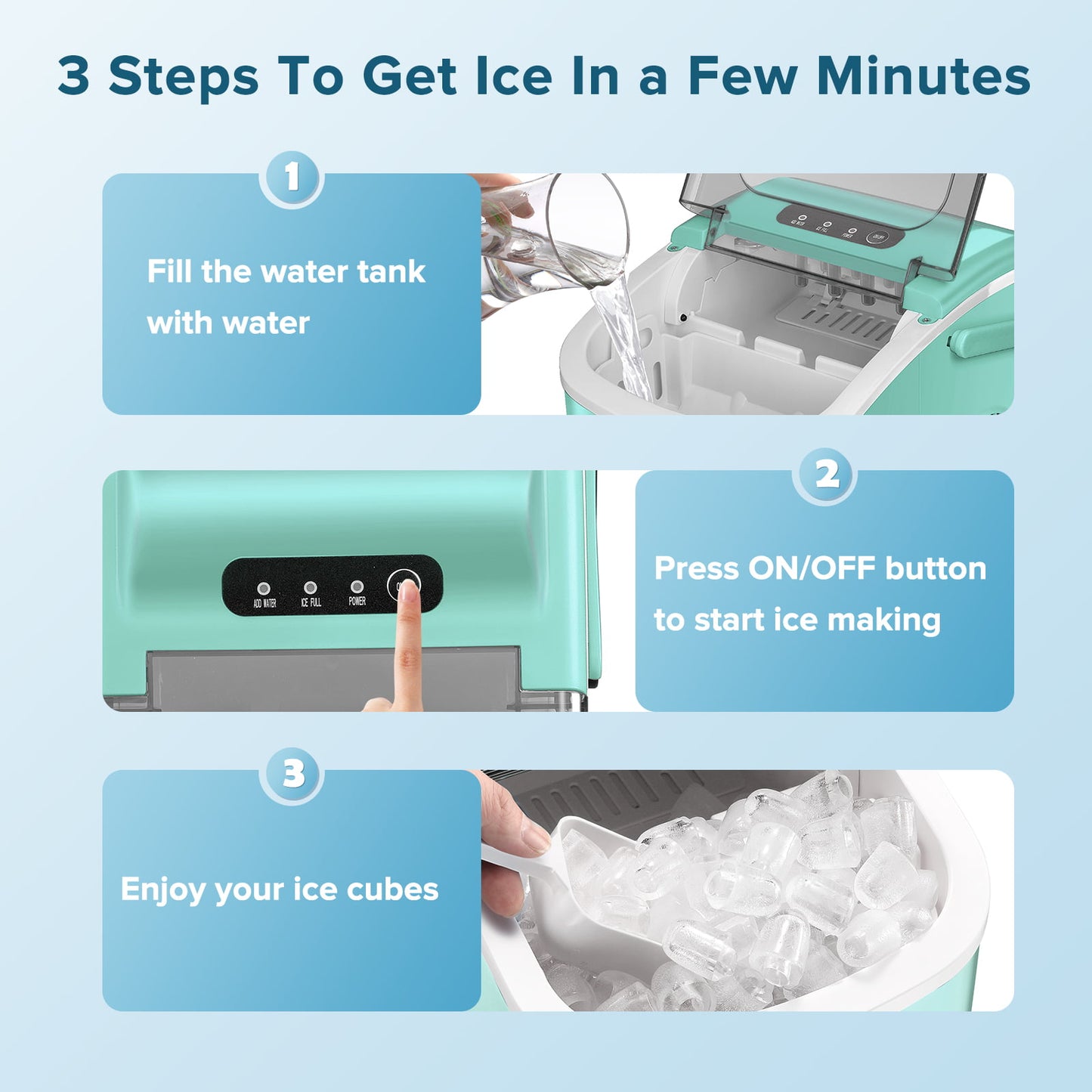 KISSAIR Ice Makers Countertop, Ice Machine with Handle, 26Lbs in 24Hrs, 9 Cubes Ready in 6 Mins, Self-Cleaning Portable Ice Maker, 2 Sizes of Bullet Ice Cubes-Green
