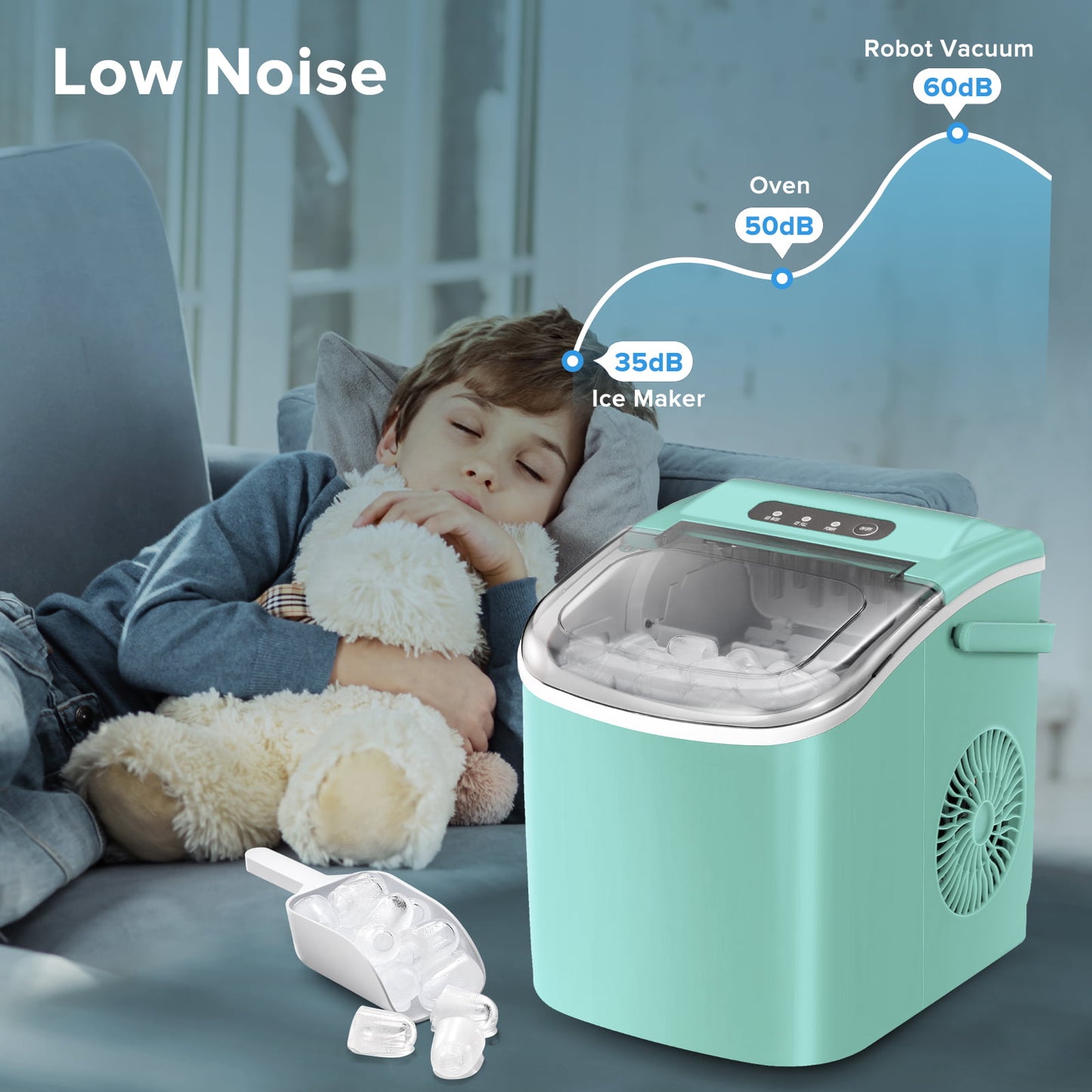KISSAIR Ice Makers Countertop, Ice Machine with Handle, 26Lbs in 24Hrs, 9 Cubes Ready in 6 Mins, Self-Cleaning Portable Ice Maker, 2 Sizes of Bullet Ice Cubes-Green