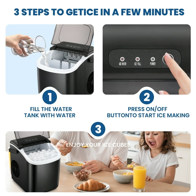 KISSAIR Portable Ice Maker Countertop, 9Pcs/8Mins, 26lbs/24H, Self-Cleaning Ice Machine with Handle for Kitchen/Office/Bar/Party, Black