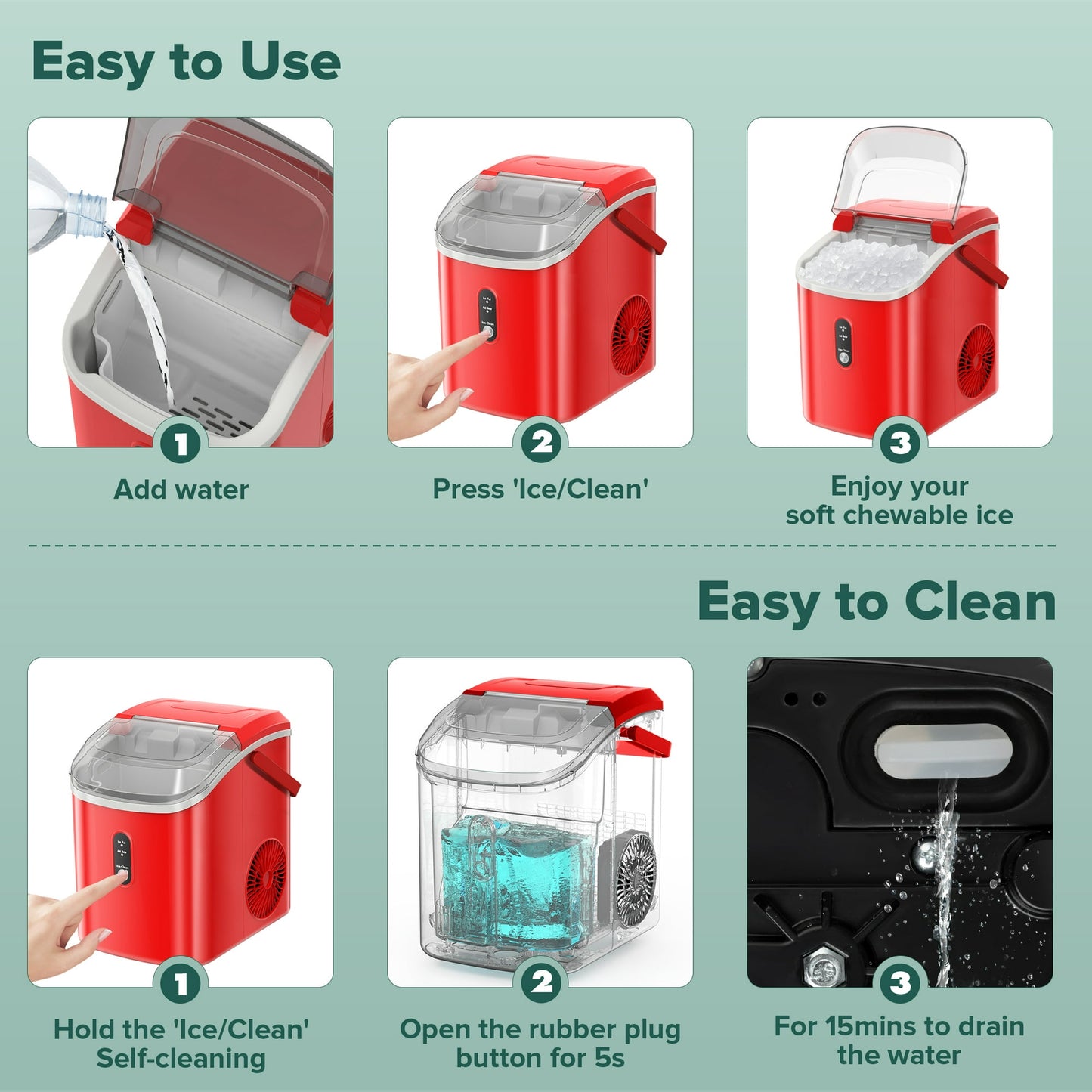 KISSAIR Nugget Ice Maker Countertop with Soft Chewable Pellet Ice, Portable Ice Machine with Handle, 34lbs/24H, One-Click Operation for Home/Party (Red)