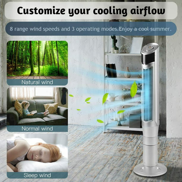 KISSAIR Tower Fan - Oscillation, Ionizer, Remote Control - Office/Home - Bladeless Floor Fan - 8 Wind Speeds, 47" (Silver)