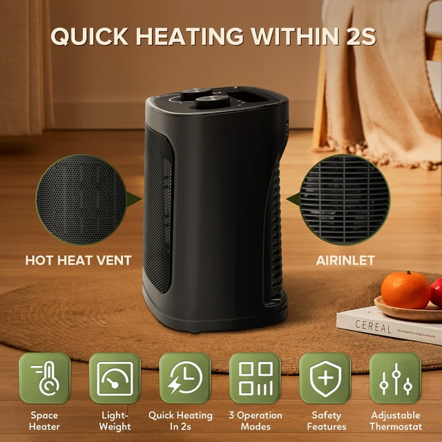 KISSAIR Electric Ceramic Small Space Heater, 750W & 1500W Portable Heater with Adjustable Thermostat, ETL Certified, Black
