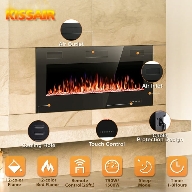KISSAIR 36’’ 1500W Wall Mounted Recessed Electric Fireplace,12 Flame Color Modes,Touch Screen & Remote Control,Ultra Thin & Low Noise