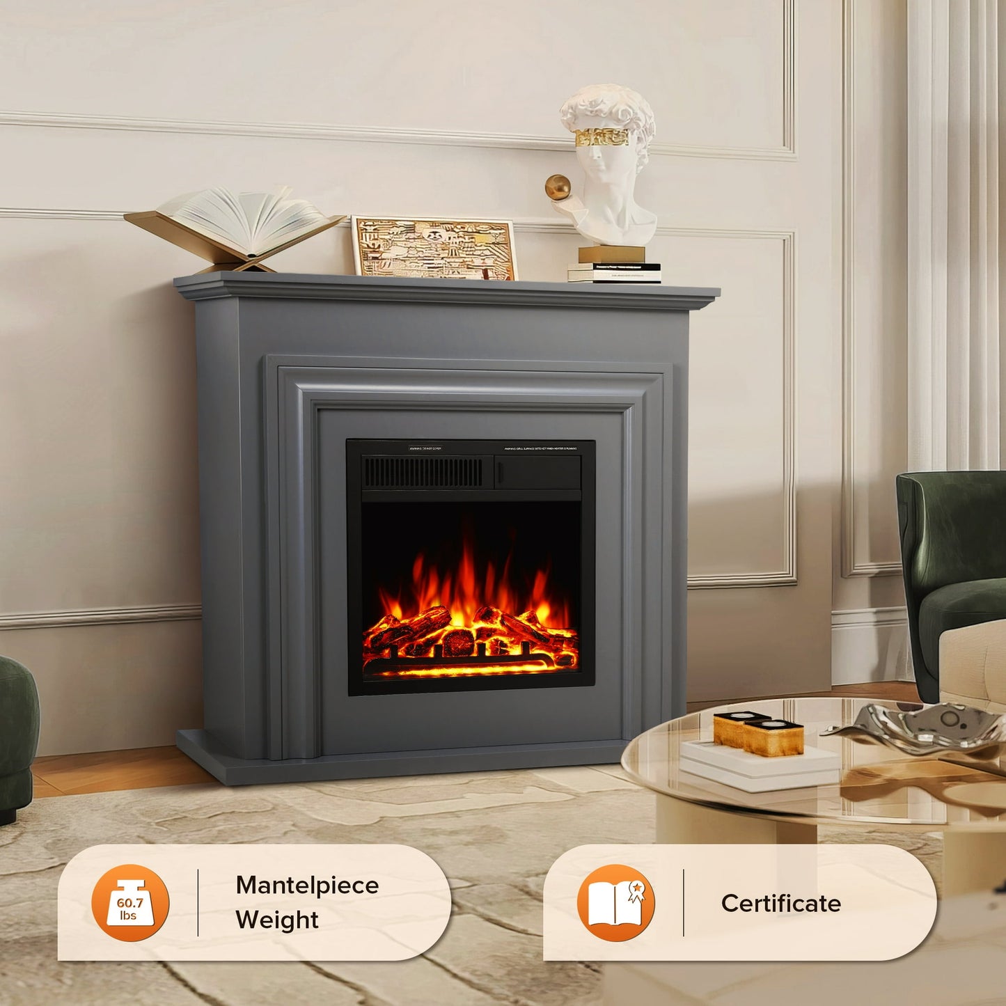 KISSAIR Electric Fireplace Mantel Wooden Surround Firebox, Free Standing Fireplace, with Remote Control, Adjustable LED Flame, 750W/1500W -Grey