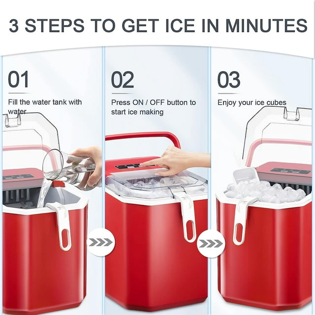 KISSAIR Countertop Ice Maker Portable Ice Machine, Basket Handle, Self-Cleaning Ice Makers, 26Lbs/24H, 9 Ice Cubes Ready in 6 Mins, S/L ice, for Home Kitchen Bar Party (Red)
