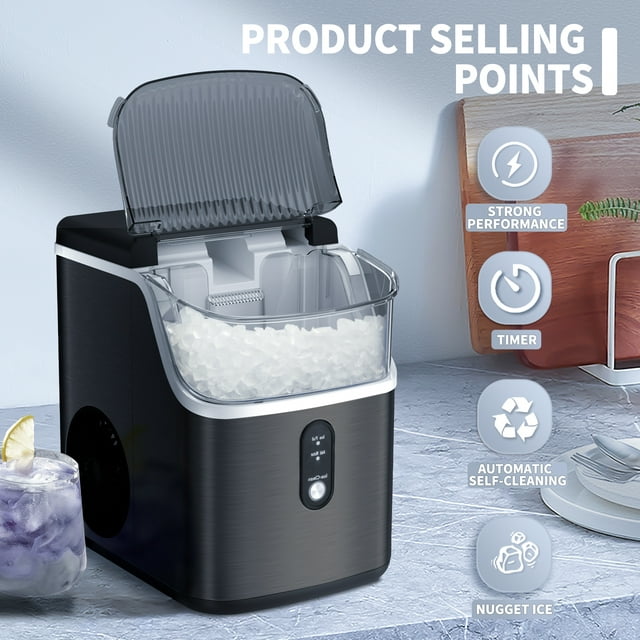 KISSAIR Nugget Ice Maker Countertop, 33lbs/24H with Self-Cleaning Function, Portable Sonic Ice Machine for Home/Office Stainless Steel Black