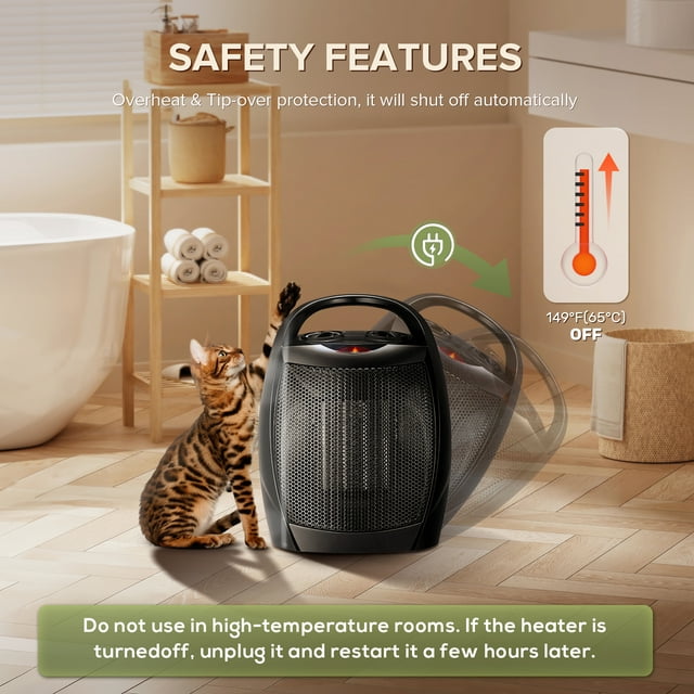 KISSAIR Space Heater, 1500W/750W/ Natural wind, overheat protection and tip over protection, ceramic heater, suitable for home office, black