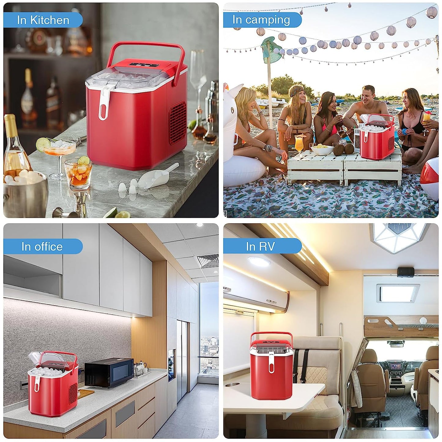 KISSAIR Countertop Ice Maker Portable Ice Machine, Basket Handle, Self-Cleaning Ice Makers, 26Lbs/24H, 9 Ice Cubes Ready in 6 Mins, S/L ice, for Home Kitchen Bar Party (Red)