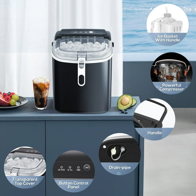 KISSAIR Portable Ice Maker Countertop, with Handle, 26Lbs/24H, 9Pcs/6Mins, One-Click Operation Ice Makers with Ice Scoop and Basket, Self-Cleaning, for Kitchen/Office/Bar/Party