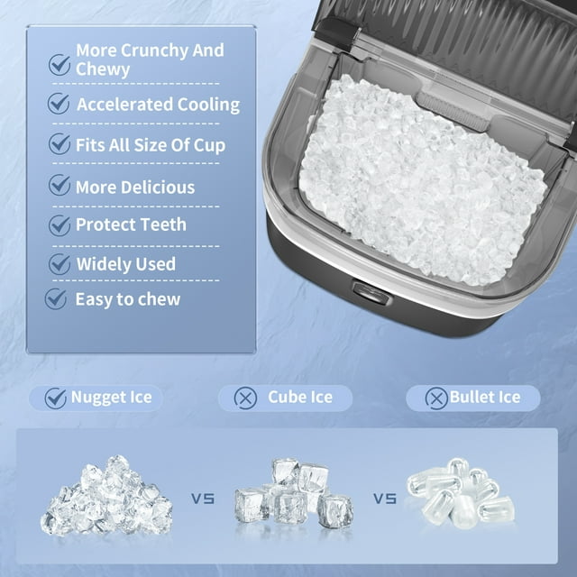 KISSAIR Nugget Ice Maker Countertop, 33lbs/24H with Self-Cleaning Function, Portable Sonic Ice Machine for Home/Office Stainless Steel Black