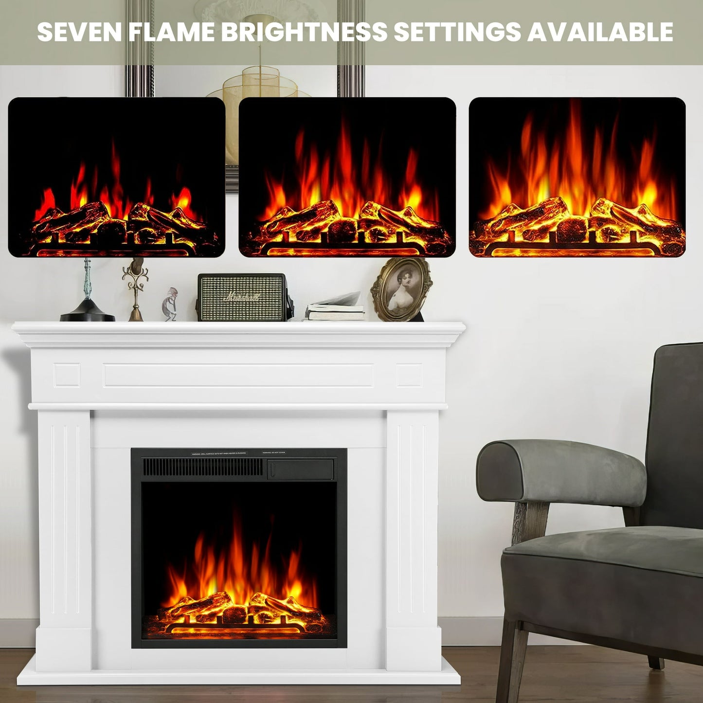 KISSAIR Electric Fireplace Mantel Package Wooden Surround Firebox Electric Fireplace Heater with Logs, Adjustable Led Flame, Remote Control, 750W-1500W, White