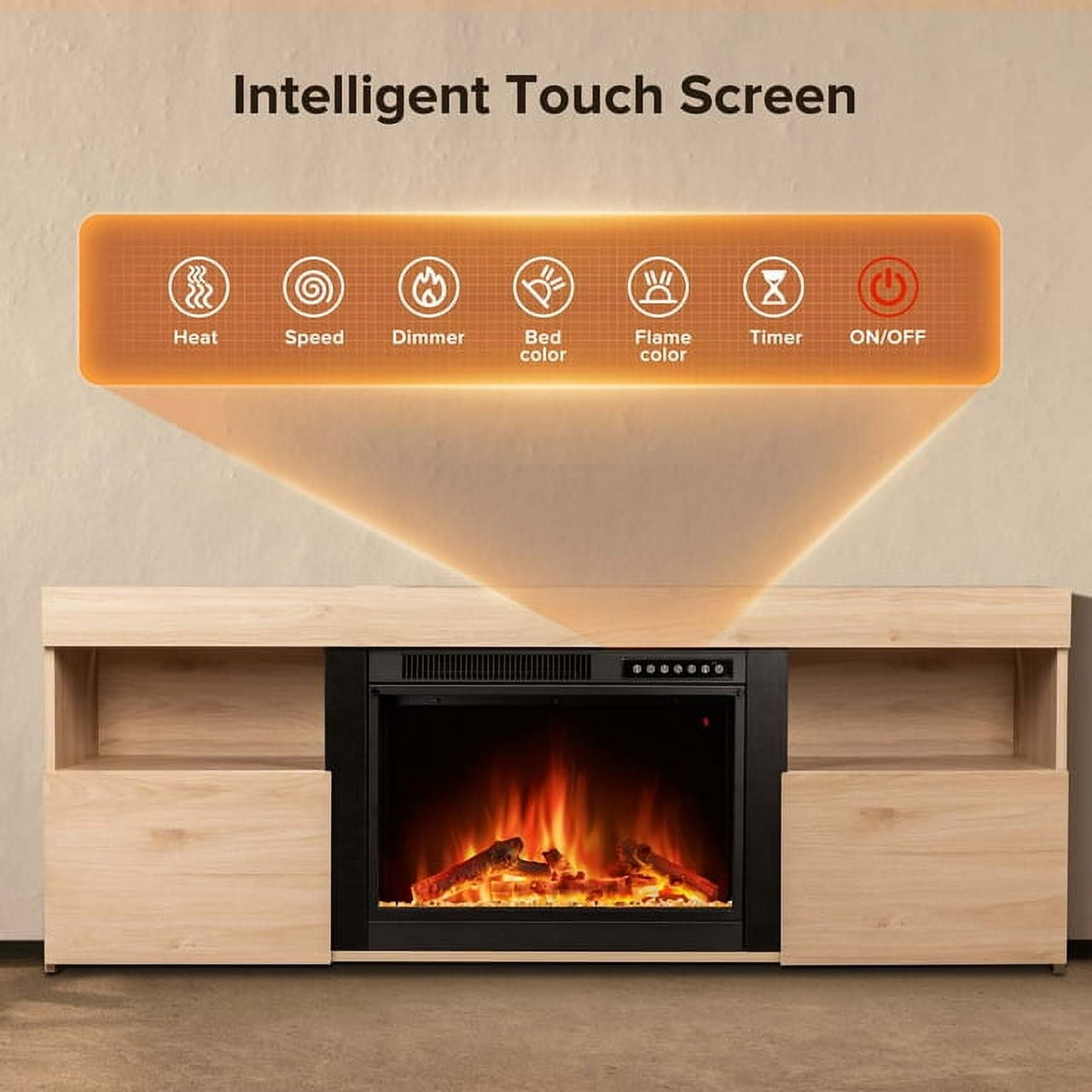 KISSAIR 60'' Electric Fireplace Mantel, Remote Control, Adjustable LED Flame, Free Standing Fireplace-PECAN