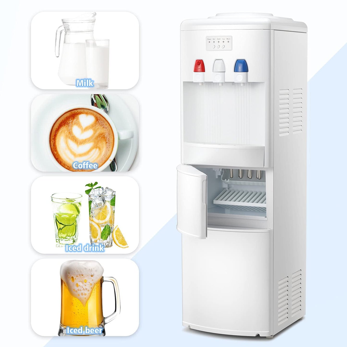 KISSAIR Water Cooler Dispenser with Built-in Ice Maker, Top Loading Water Coolers with 3 Temperature Settings - Hot, Cold & Room Temperature, 27Lbs/24H Ice Maker Machine with Child Safety Lock-White