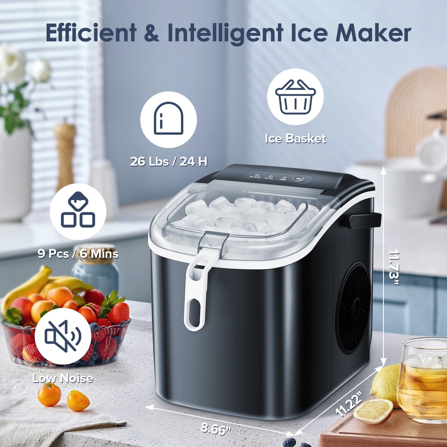 KISSAIR Portable Ice Maker Countertop, with Handle, 26Lbs/24H, 9Pcs/6Mins, One-Click Operation Ice Makers with Ice Scoop and Basket, Self-Cleaning, for Kitchen/Office/Bar/Party