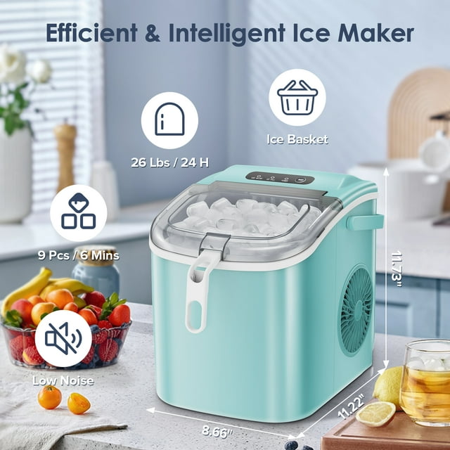 KISSAIR Portable Ice Maker Countertop, with Handle, 26Lbs/24H, 9Pcs/6Mins, One-Click Operation Ice Makers with Ice Scoop and Basket, Self-Cleaning, for Kitchen/Office/Bar/Party