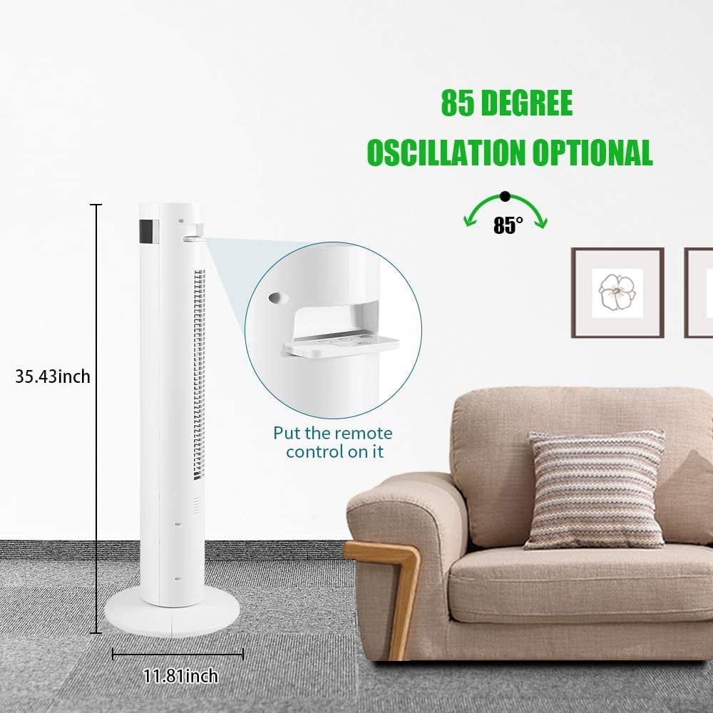KISSAIR Tower Fan Portable Floor Fans 85°Oscillating Fan 12H Timer Remote Control Standing Bladeless Electric 3 Speeds Wind 3 Modes Bedroom Office(35 inch, White)