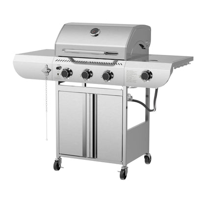 LHRIVER Stainless Steel BBQ Grill, 3 Burner Propane Gas Grill with Side Burner for Outdoor Cooking Patio Backyard
