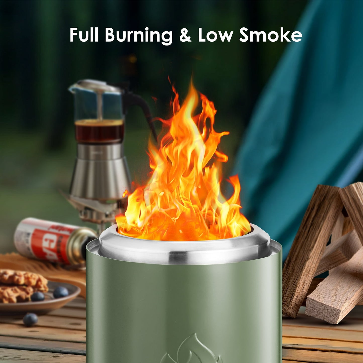 KISSAIR Outdoor Mini Tabletop Fire Pit, Portable Dual Fuel, Safe and Smokeless, 304 Stainless Steel, Green