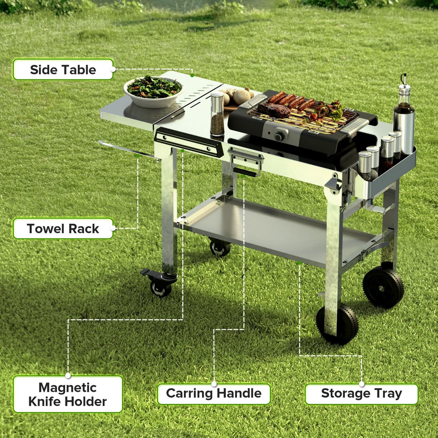 LHRIVER Folding Outdoor Grill Cart, Stainless Steel Portable BBQ Dining Table with Double-Shelf, Mobile Multifunctional Food Prep Station