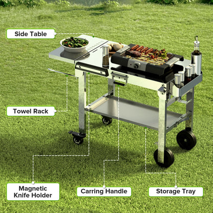 LHRIVER Folding Outdoor Grill Cart, Stainless Steel Portable BBQ Dining Table with Double-Shelf, Mobile Multifunctional Food Prep Station