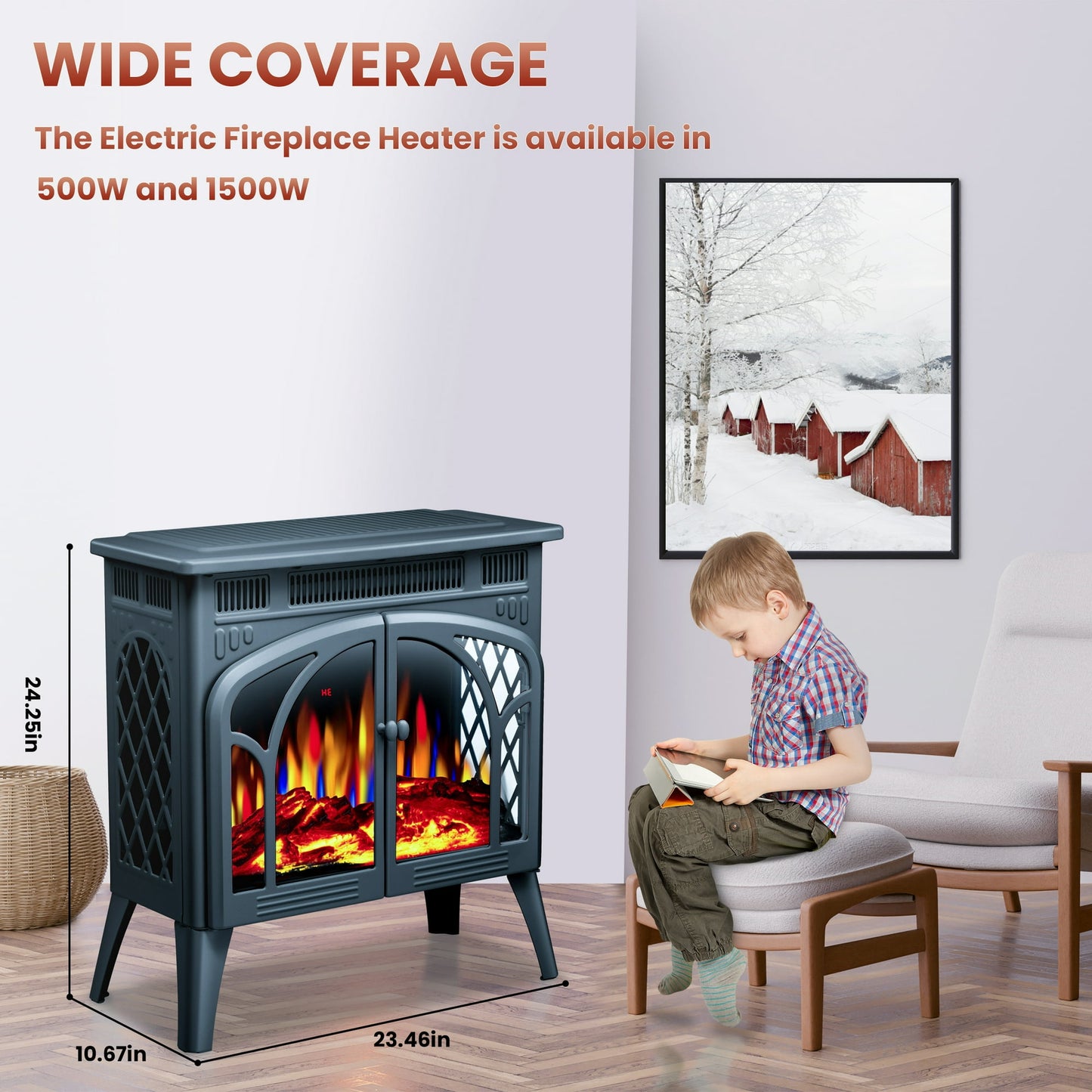 KISSAIR Electric Fireplace Heater 25’’ with 3D Realistic Flame Effect, Freestanding Fireplace with Remote Control, Timer, Different Flame Color,2 Heating Modes 500W/1500W,- DARKGREEN