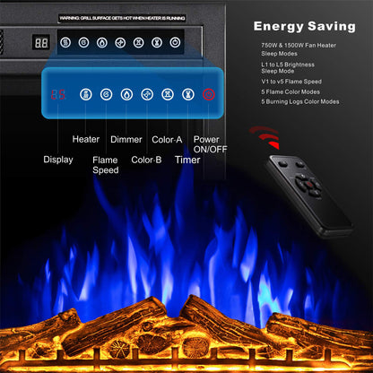 KISSAIR Electric Fireplace, Infrared Electric Fireplace Insert, 750W/1500W, Black, Remote (37'')