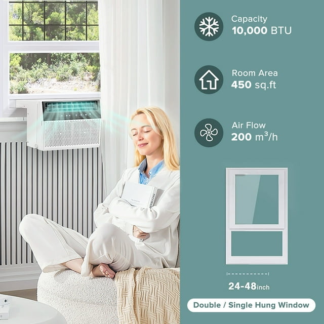 KISSAIR Window Air Conditioners 6,300 BTU (10,000 BTU ASHRAE), U-Shaped Air Conditioner Window Unit Cools up to 450 Sq. Ft, 6-In-1 Window AC Units for Home/Office/Apt-White