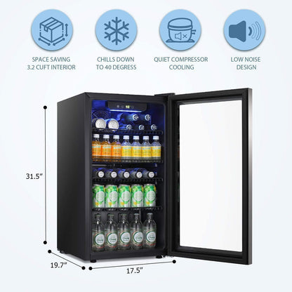 Antarctic Star Beverage Refrigerator Cooler -100 Can Mini Fridge Glass Door for Soda Beer or Wine Constant Glass Door Small Drink Dispenser Clear Front Door for Home, Bar 3.2cu.ft (Silver)