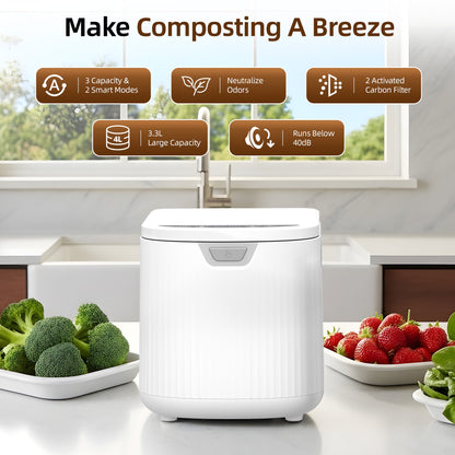 Kissair Smart Electric Composter for Kitchen, 3.3L Large Capacity Odorless Quiet Indoor Compost Bin 3-5 Hours Food Waste Composting for Gardening