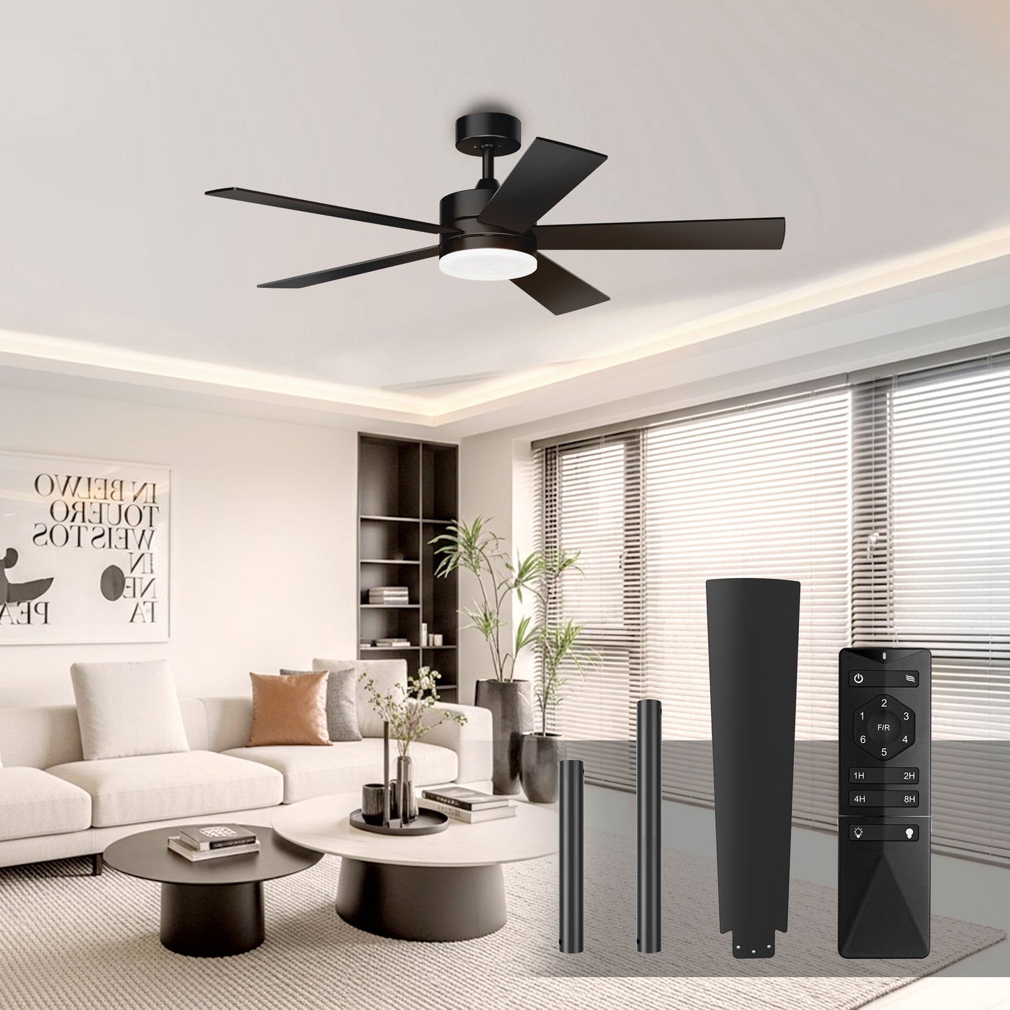 KISSAIR 52 In Ceiling Fan 5 Blades with Light and Remove Control 6 Speeds & Reversible DC Motor,3 Color Dimmable LED, Ultra Quiet 45dB, Timer Function ,Black