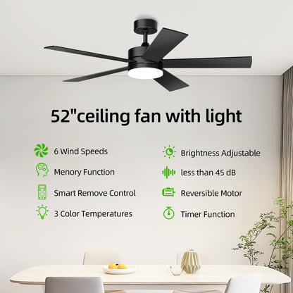 KISSAIR 52 In Ceiling Fan 5 Blades with Light and Remove Control 6 Speeds & Reversible DC Motor,3 Color Dimmable LED, Ultra Quiet 45dB, Timer Function ,Black