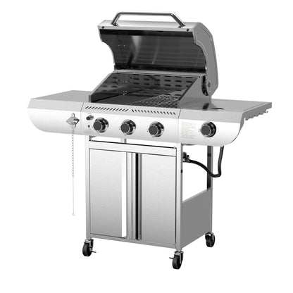 LHRIVER Stainless Steel BBQ Grill, 3 Burner Propane Gas Grill with Side Burner for Outdoor Cooking Patio Backyard