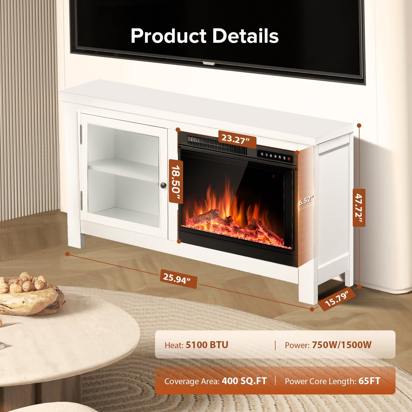 KISSAIR 48'' Freestanding Electric Fireplace Wood Mantel with Log, Fireplace TVs Up to 50", Adjustable 3D Flame & Flame Brightness & Flame Bed Color, Remote Control, 750W/1500W（White）